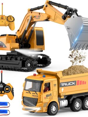 Remote Control Excavator and Dump Truck Toy Set - RC Construction Vehicles Toy with Barricades, Road Signs, Simulated Rocks, Lights and