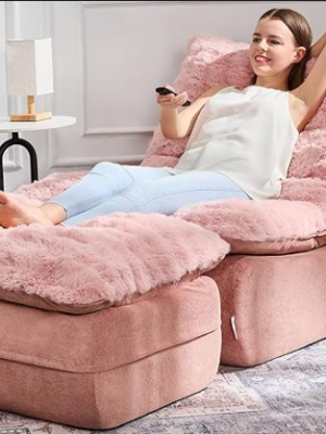 Sofa, foam sofa, suitable for small spaces, comfortable sofa, with footstool, reclining chair, small sofa, suitable for living room, bedroom, apartment (pink)